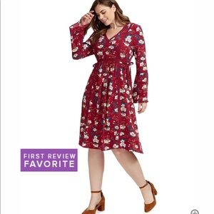 EN CREME Burgundy floral tie dress midi fit&flair